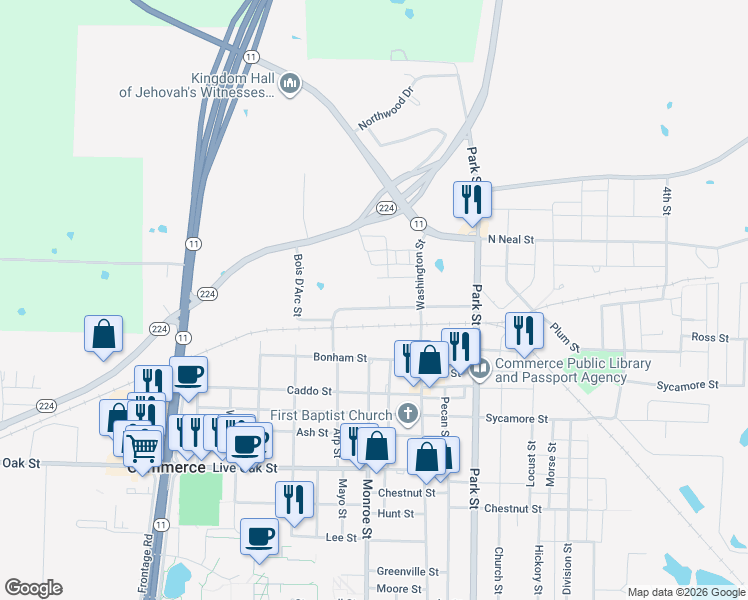 map of restaurants, bars, coffee shops, grocery stores, and more near 1401 Oneal St in Commerce