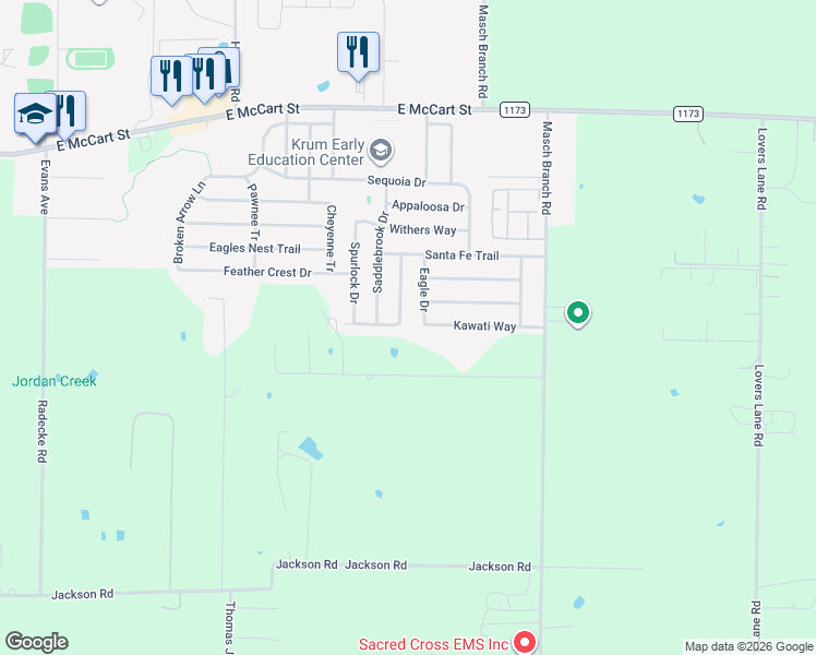 map of restaurants, bars, coffee shops, grocery stores, and more near 333 Eagle Drive in Krum