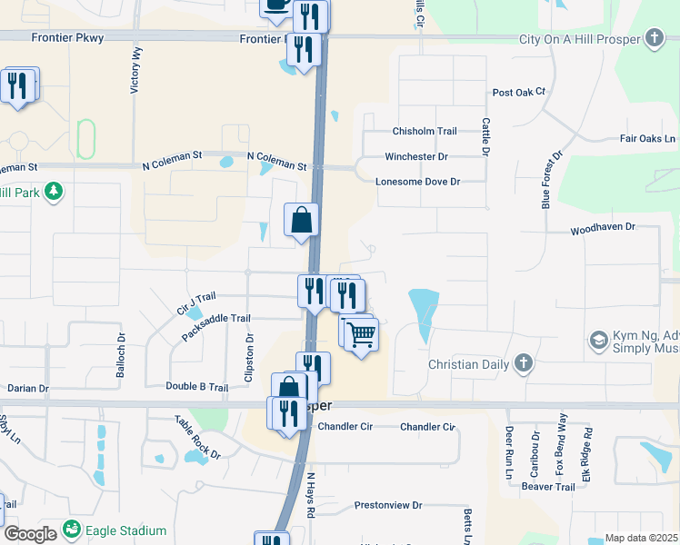 map of restaurants, bars, coffee shops, grocery stores, and more near 1572 North Preston Road in Prosper