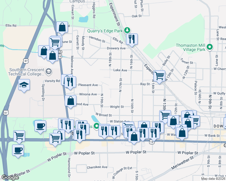 map of restaurants, bars, coffee shops, grocery stores, and more near 1115 Thompson Street in Griffin
