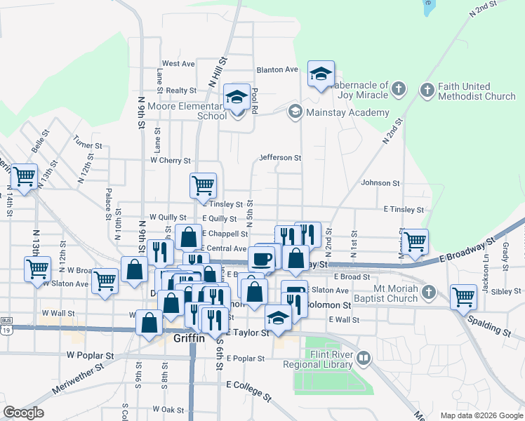 map of restaurants, bars, coffee shops, grocery stores, and more near 314 East Tinsley Street in Griffin