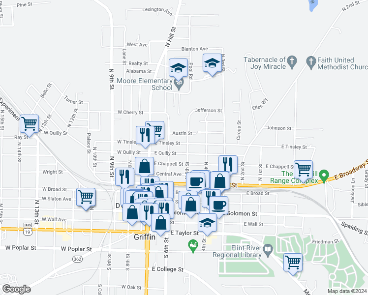map of restaurants, bars, coffee shops, grocery stores, and more near 232 East Tinsley Street in Griffin