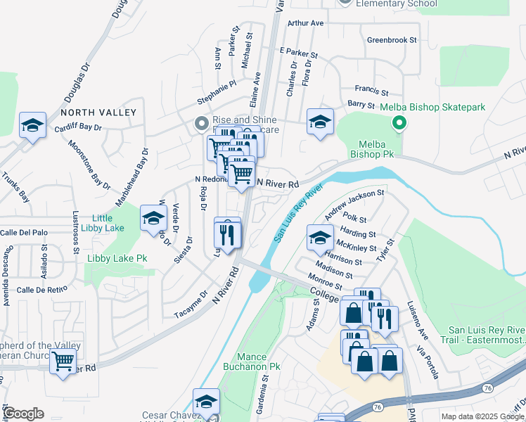 map of restaurants, bars, coffee shops, grocery stores, and more near 5086 Cascade Way in Oceanside