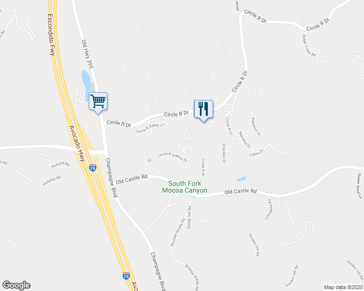 map of restaurants, bars, coffee shops, grocery stores, and more near 8948 Circle R View Lane in Escondido