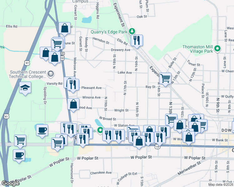 map of restaurants, bars, coffee shops, grocery stores, and more near 1115 Thompson Street in Griffin