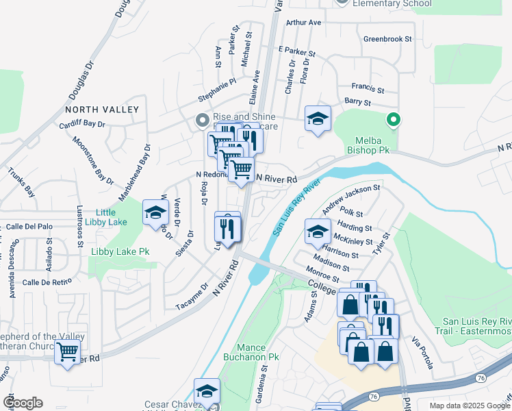 map of restaurants, bars, coffee shops, grocery stores, and more near 5076 Tranquil Way in Oceanside