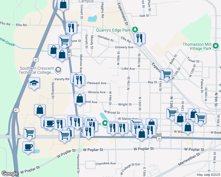 map of restaurants, bars, coffee shops, grocery stores, and more near 350 North 19th Street in Griffin