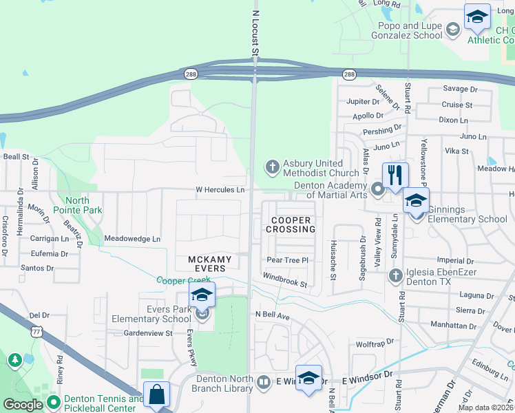 map of restaurants, bars, coffee shops, grocery stores, and more near 3708 Pheasant Hollow Street in Denton