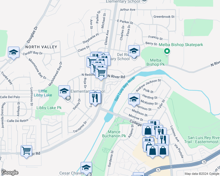 map of restaurants, bars, coffee shops, grocery stores, and more near Cascade Way in Oceanside