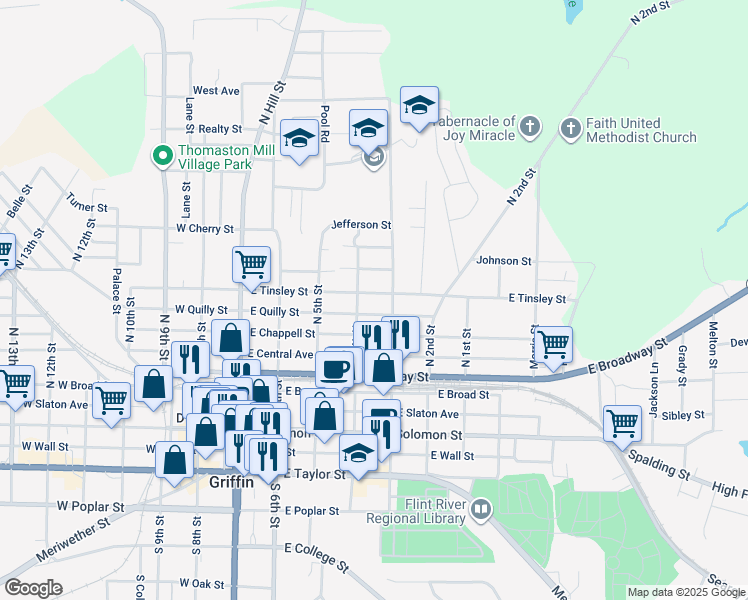 map of restaurants, bars, coffee shops, grocery stores, and more near 418 East Tinsley Street in Griffin
