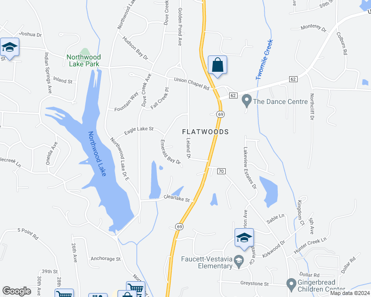 map of restaurants, bars, coffee shops, grocery stores, and more near 4708 Leland Drive in Northport