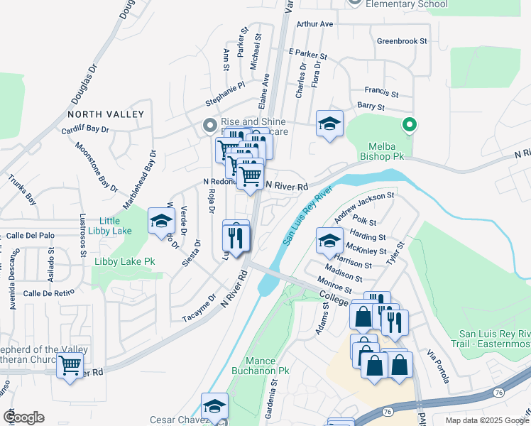 map of restaurants, bars, coffee shops, grocery stores, and more near 5076 Tranquil Way in Oceanside