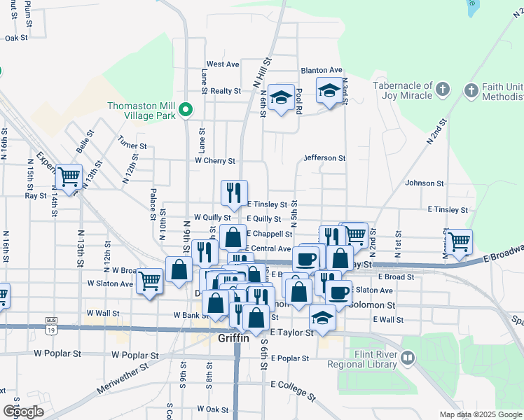 map of restaurants, bars, coffee shops, grocery stores, and more near 122 East Tinsley Street in Griffin