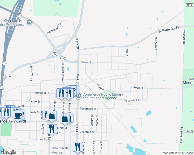 map of restaurants, bars, coffee shops, grocery stores, and more near 816 Pine Street in Commerce