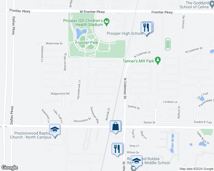 map of restaurants, bars, coffee shops, grocery stores, and more near 330 Fox Crossing Lane in Prosper