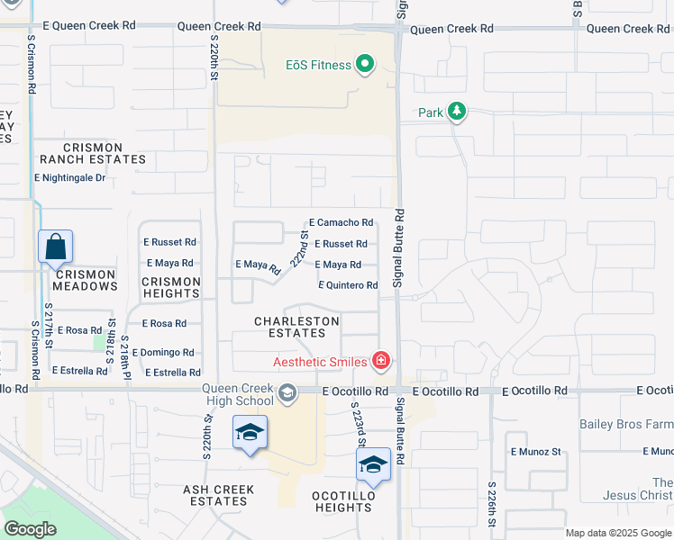 map of restaurants, bars, coffee shops, grocery stores, and more near 22263 East Maya Road in Queen Creek
