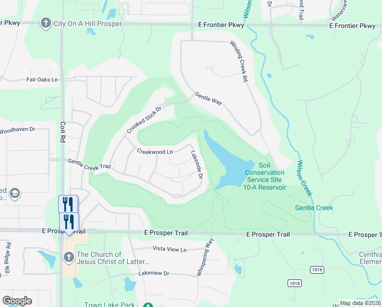 map of restaurants, bars, coffee shops, grocery stores, and more near 1520 Lakeside in Prosper