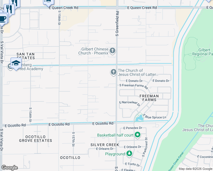 map of restaurants, bars, coffee shops, grocery stores, and more near 21414 South Greenfield Road in Gilbert