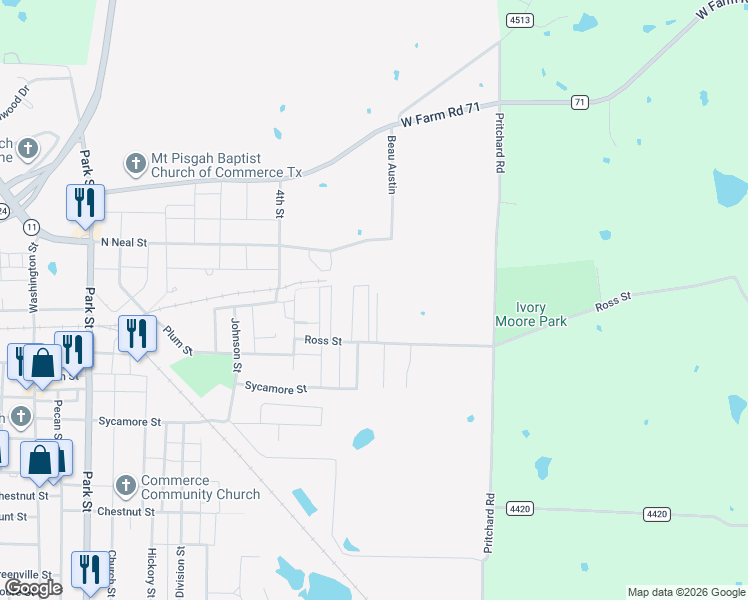 map of restaurants, bars, coffee shops, grocery stores, and more near 111A Sunrise Street in Commerce