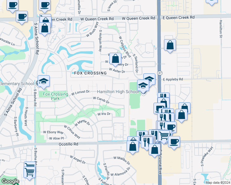 map of restaurants, bars, coffee shops, grocery stores, and more near 373 West Jade Court in Chandler