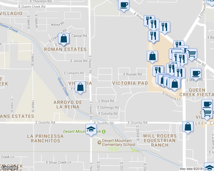 map of restaurants, bars, coffee shops, grocery stores, and more near 20256 East Escalante Road in Queen Creek