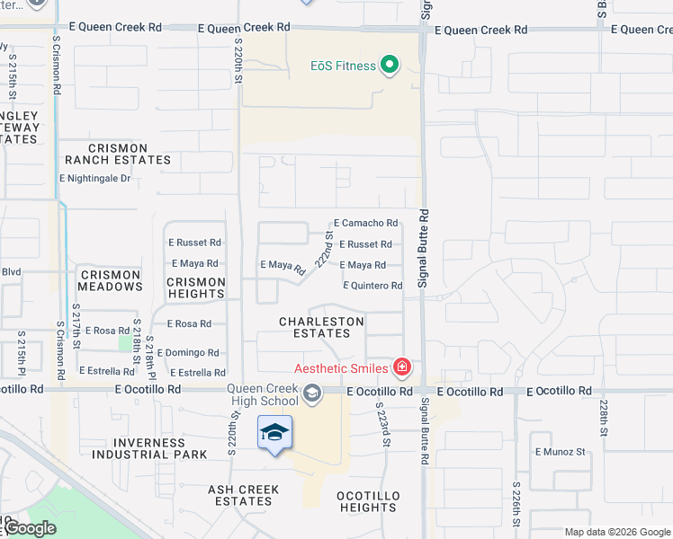 map of restaurants, bars, coffee shops, grocery stores, and more near 21419 222nd Street in Queen Creek