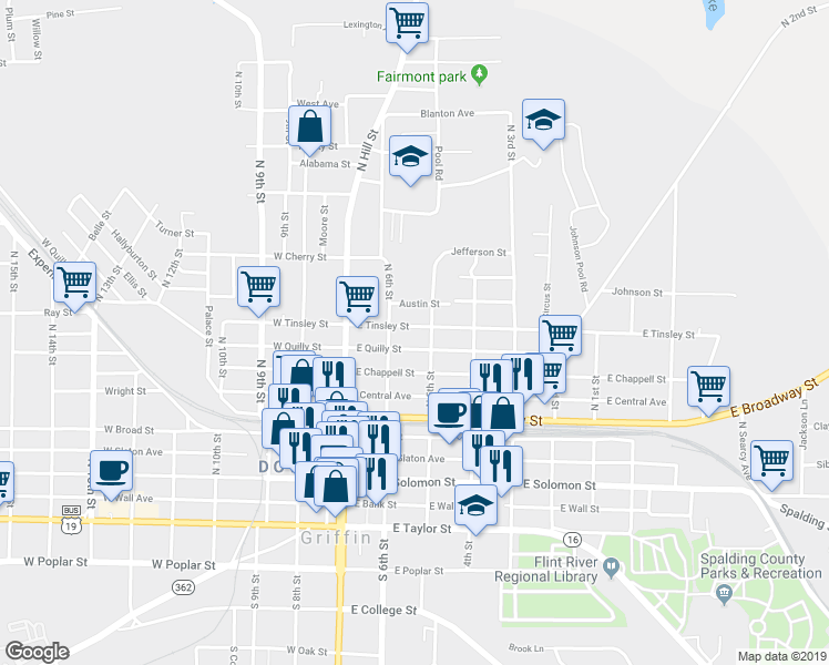 map of restaurants, bars, coffee shops, grocery stores, and more near 222 East Tinsley Street in Griffin