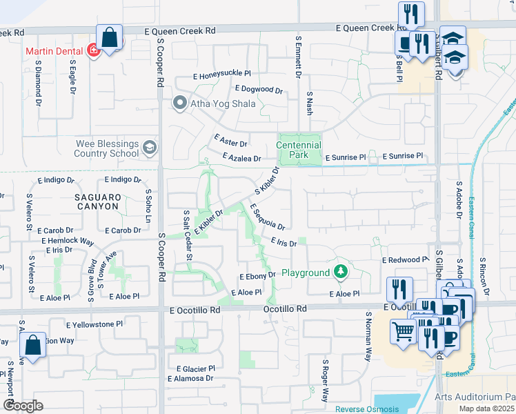 map of restaurants, bars, coffee shops, grocery stores, and more near 2360 East Locust Drive in Chandler