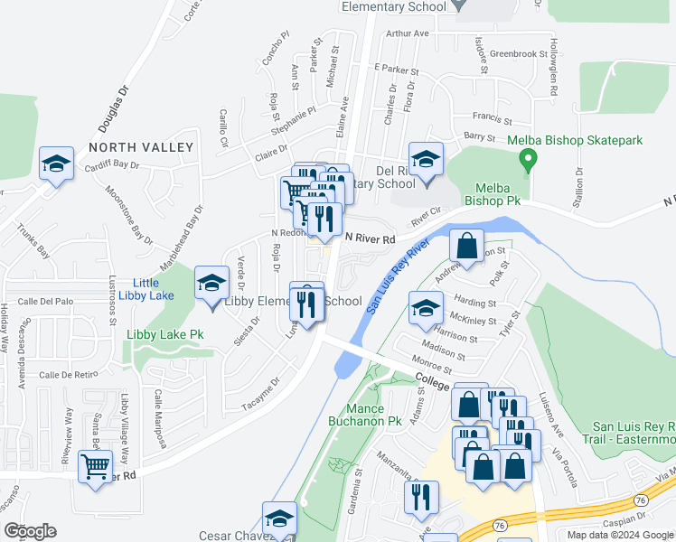 map of restaurants, bars, coffee shops, grocery stores, and more near 439 Vandegrift Boulevard in Oceanside