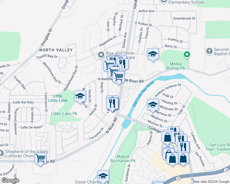 map of restaurants, bars, coffee shops, grocery stores, and more near 439 Vandegrift Boulevard in Oceanside