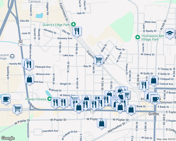 map of restaurants, bars, coffee shops, grocery stores, and more near 318 North 15th Street in Griffin
