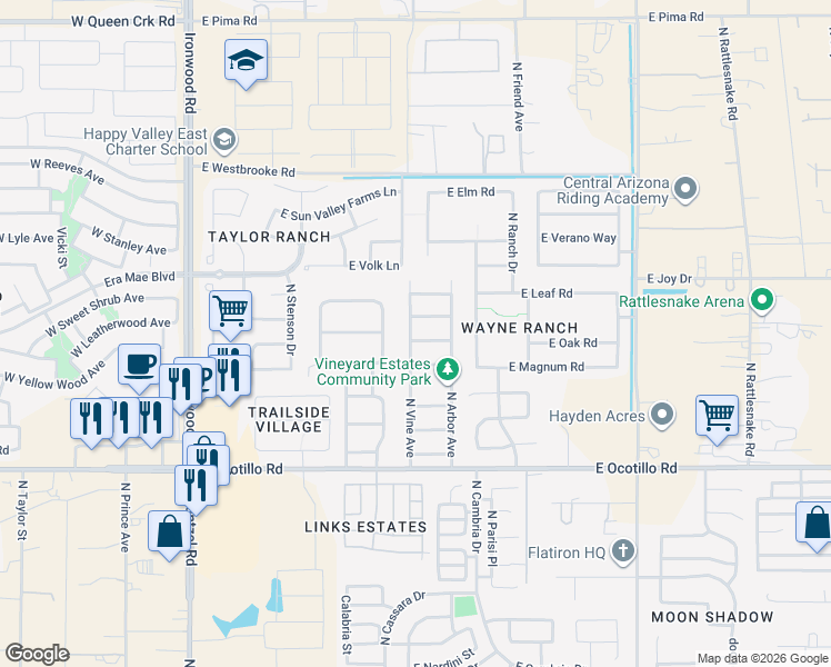 map of restaurants, bars, coffee shops, grocery stores, and more near 41210 North Vine Avenue in Queen Creek