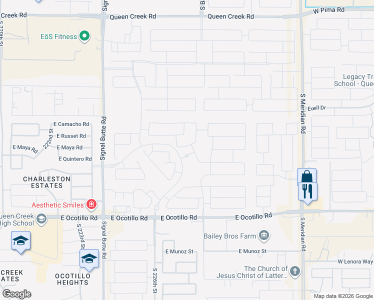 map of restaurants, bars, coffee shops, grocery stores, and more near 22735 East Maya Road in Queen Creek