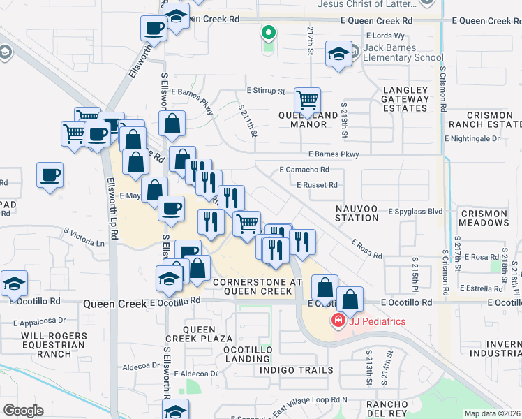 map of restaurants, bars, coffee shops, grocery stores, and more near 21083 East Estrella Road in Queen Creek