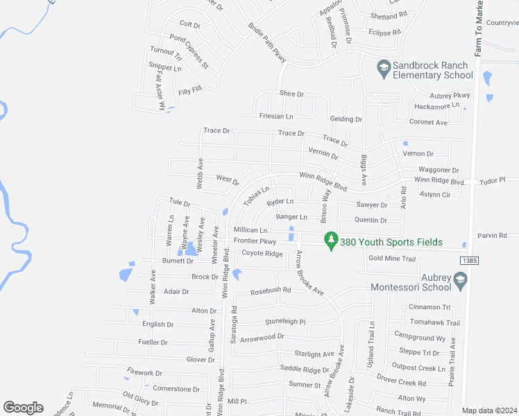 map of restaurants, bars, coffee shops, grocery stores, and more near 2733 Ryder Lane in Aubrey