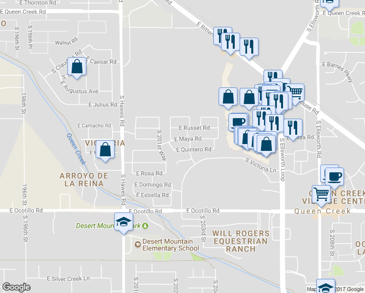 map of restaurants, bars, coffee shops, grocery stores, and more near 20242 East Quintero Road in Queen Creek
