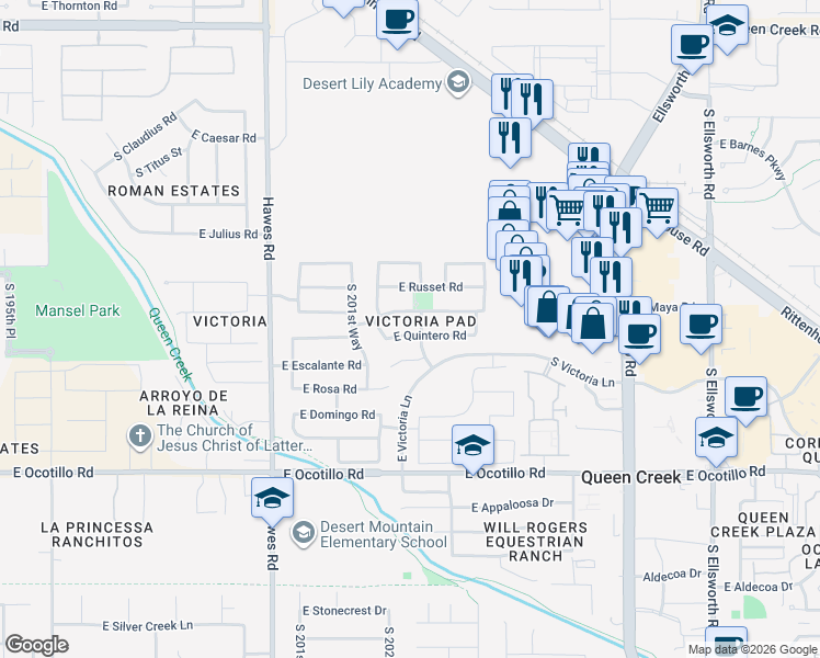 map of restaurants, bars, coffee shops, grocery stores, and more near 20242 East Quintero Road in Queen Creek