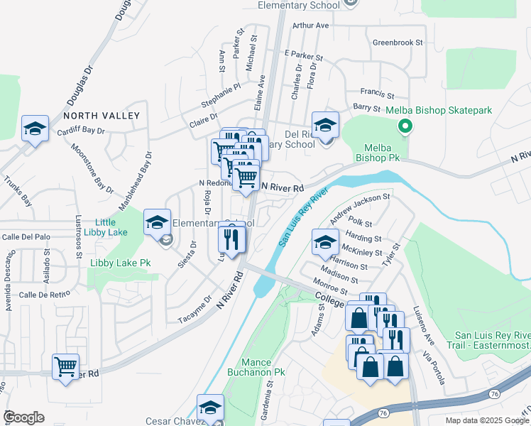 map of restaurants, bars, coffee shops, grocery stores, and more near 5078 Cascade Way in Oceanside