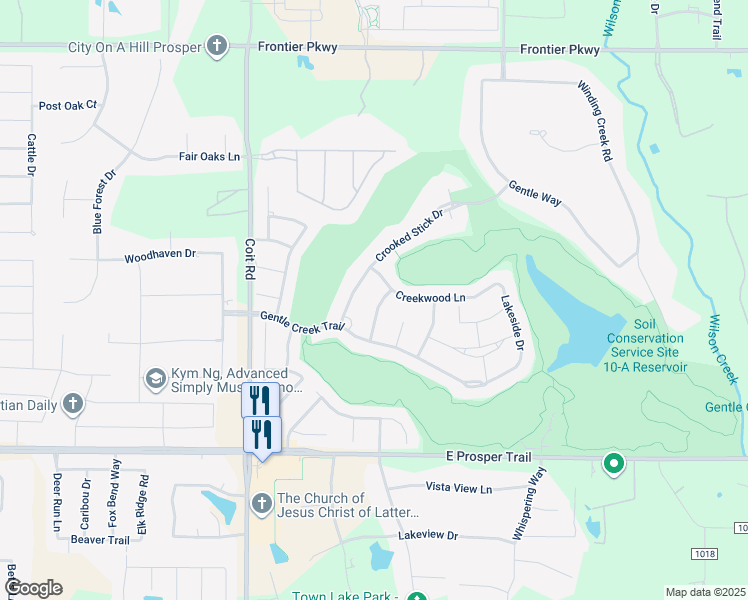 map of restaurants, bars, coffee shops, grocery stores, and more near 1181 Broken Bend Drive in Prosper