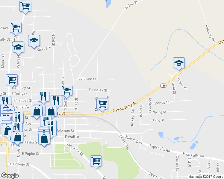 map of restaurants, bars, coffee shops, grocery stores, and more near 410 Pelly Avenue in Griffin