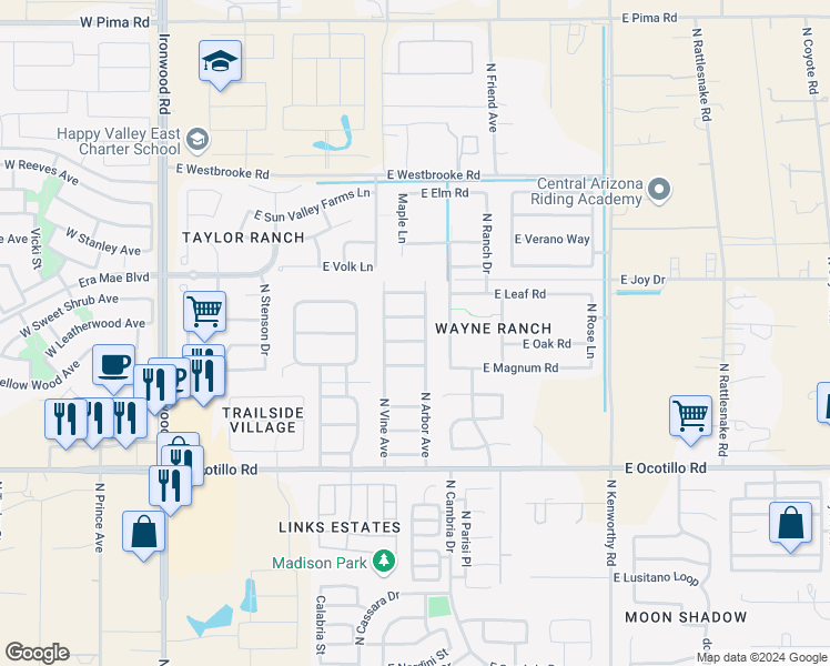 map of restaurants, bars, coffee shops, grocery stores, and more near 1130 East Oak Road in Queen Creek