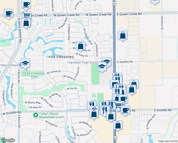 map of restaurants, bars, coffee shops, grocery stores, and more near 3601 S Nebraska St in Chandler