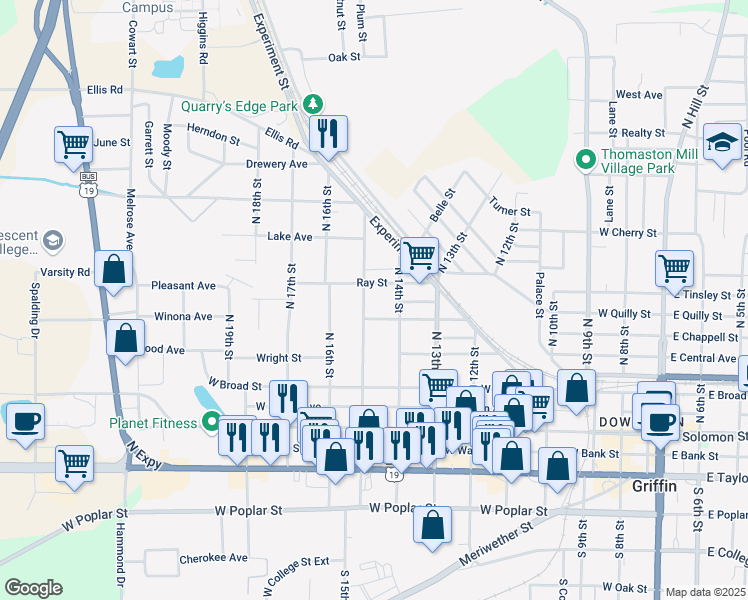 map of restaurants, bars, coffee shops, grocery stores, and more near 318 North 15th Street in Griffin