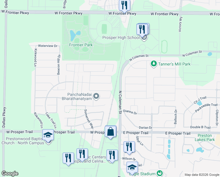 map of restaurants, bars, coffee shops, grocery stores, and more near 310 Fox Crossing Lane in Prosper