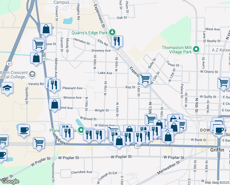 map of restaurants, bars, coffee shops, grocery stores, and more near 1026 Ray Street in Griffin
