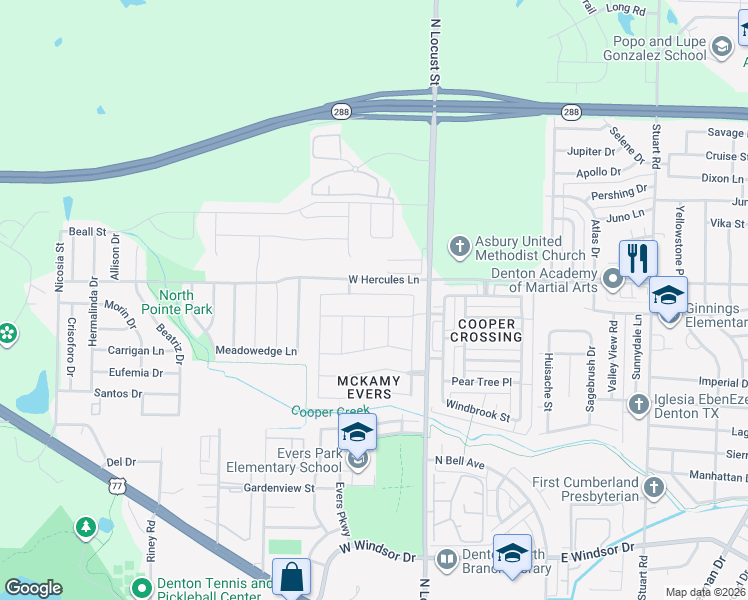 map of restaurants, bars, coffee shops, grocery stores, and more near 213 Samuel Street in Denton