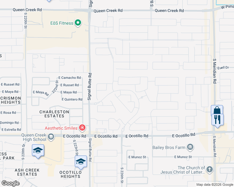 map of restaurants, bars, coffee shops, grocery stores, and more near 21476 South 225th Way in Queen Creek