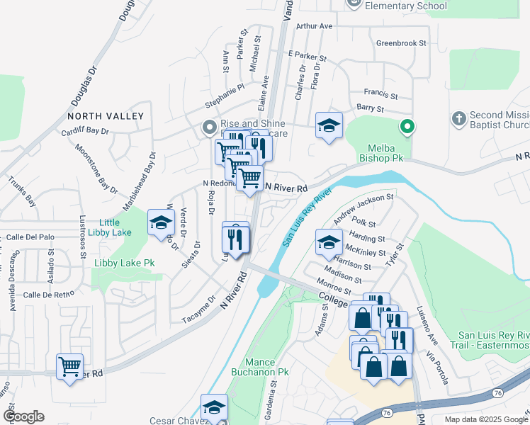 map of restaurants, bars, coffee shops, grocery stores, and more near 5076 Tranquil Way in Oceanside
