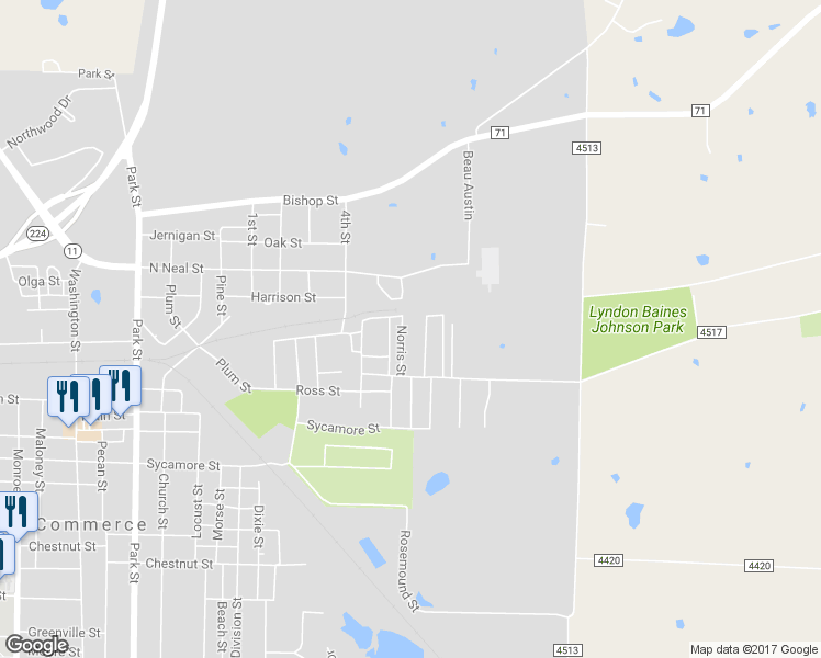 map of restaurants, bars, coffee shops, grocery stores, and more near 119 Norris Street in Commerce