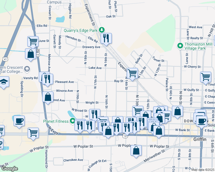 map of restaurants, bars, coffee shops, grocery stores, and more near 362 North 16th Street in Griffin